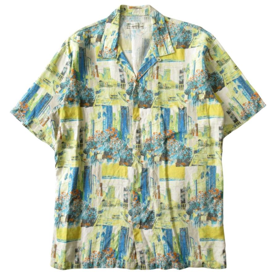 美品 Papas パパス リネン 開襟 シャツ カットソー 半袖 総柄 サイズM 黄 イエロー メンズ 古着 中古 | PAPAS