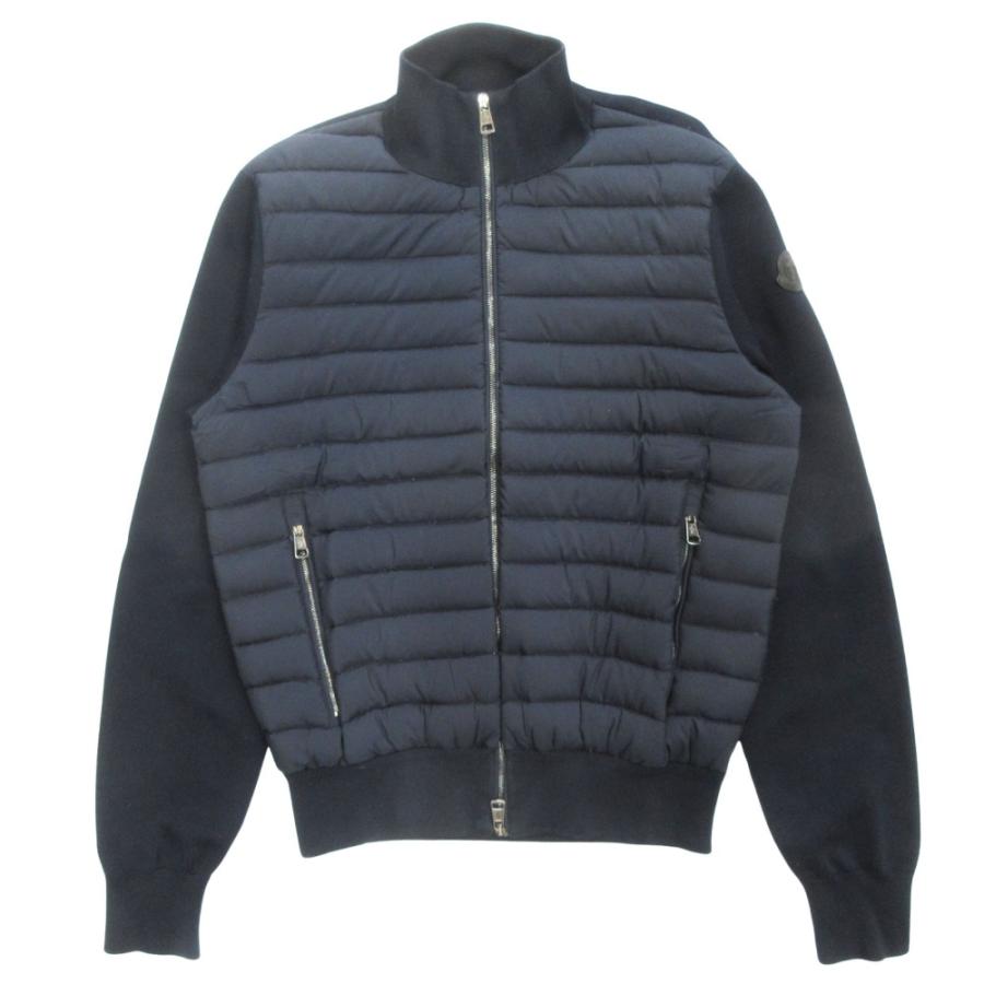 良品 MONCLER モンクレール 18ss マリア トリコ カーディガン ニット ダウン ジャケット ブルゾン 切替 ロゴ レザー M  紺 ネイビー メンズ 古着 中古 | MONCLER