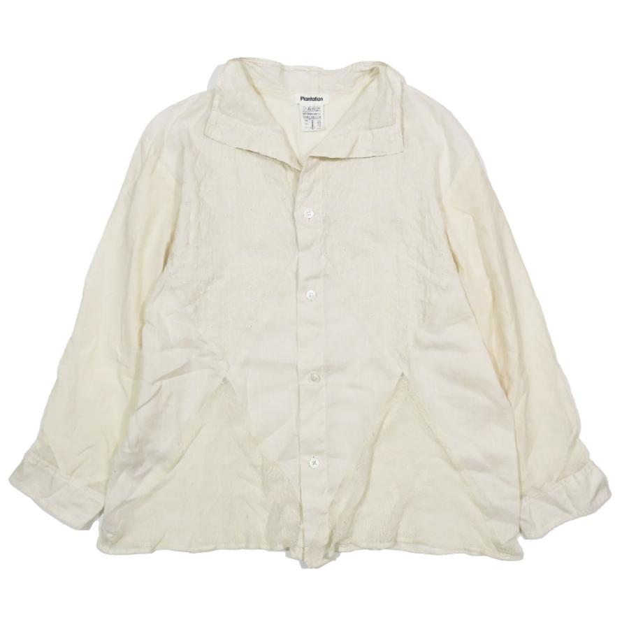美品 Plantation プランテーション 花柄 レース チュール リネンシャツ ブラウス カットソー 長袖 M ホワイト レディース 古着 中古 | Plantation