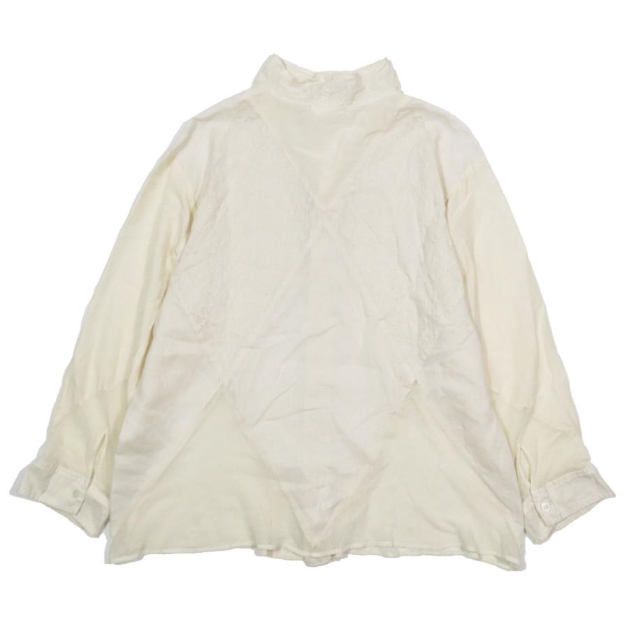 美品 Plantation プランテーション 花柄 レース チュール リネンシャツ ブラウス カットソー 長袖 M ホワイト レディース 古着 中古 | Plantation | 01