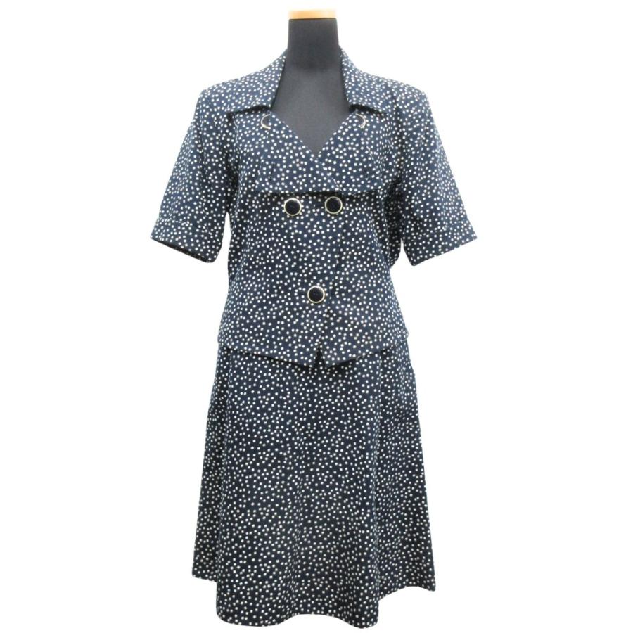 美品 YVES SAINT LAURENT イヴサンローラン 80's セットアップ ジャケット スカート 半袖 ヴィンテージ M 紺 ネイビー 白 ホワイト レディース 古着 中古 | Yves Saint Laurent