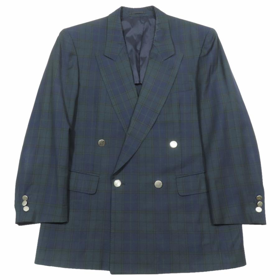 LANVIN ランバン チェック テーラードジャケット ダブルブレスト 背抜き サイドベンツ R46-44 グリーン ネイビー メンズ 古着 中古 USED LANVIN（ランバン） チェック テーラードジャケット ダブルブレスト
