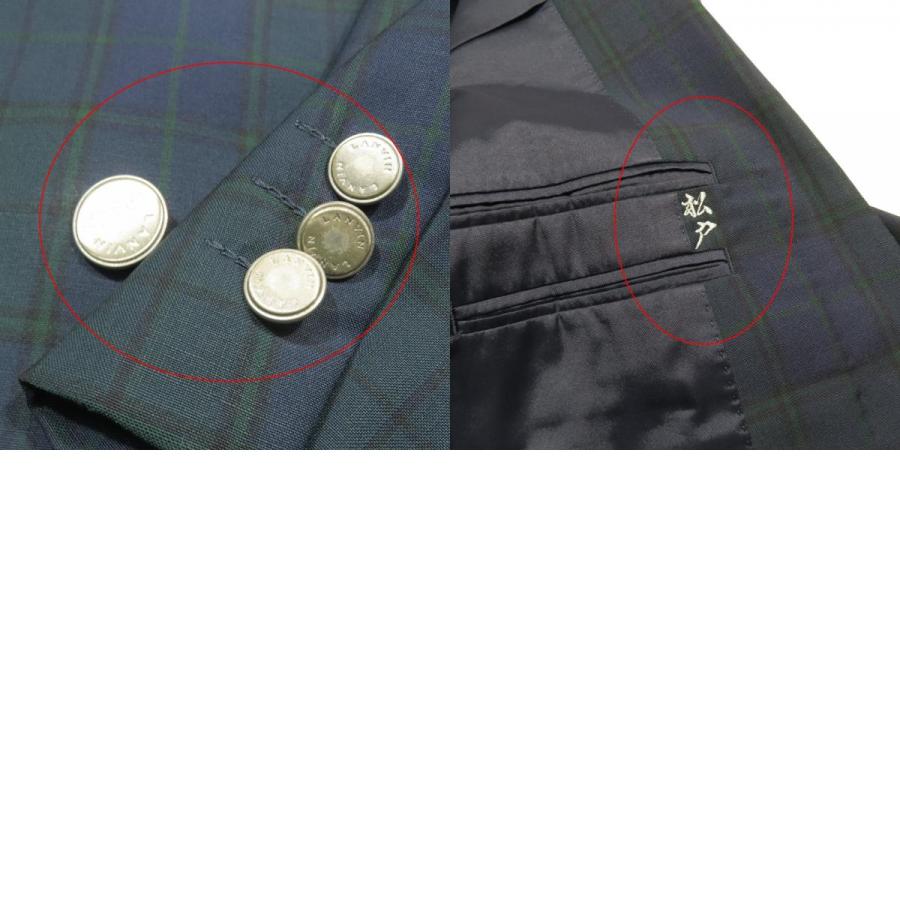 LANVIN ランバン チェック テーラードジャケット ダブルブレスト 背抜き サイドベンツ R46-44 グリーン ネイビー メンズ 古着 中古 USED LANVIN（ランバン） チェック テーラードジャケット ダブルブレスト