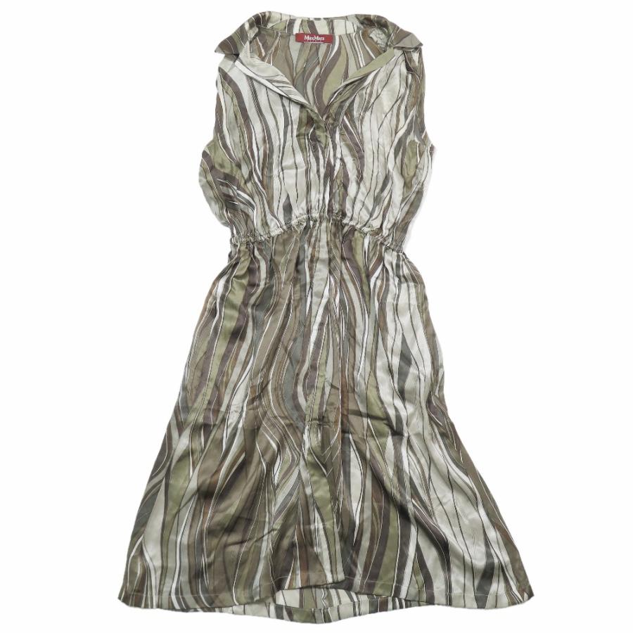 Max Mara STUDIO マックスマーラ ステュディオ ノースリーブ ワンピース ドレス 開襟 総柄 ハーフ 膝丈 フレアスカート グリーン レディース 古着 中古 | Max Mara Studio
