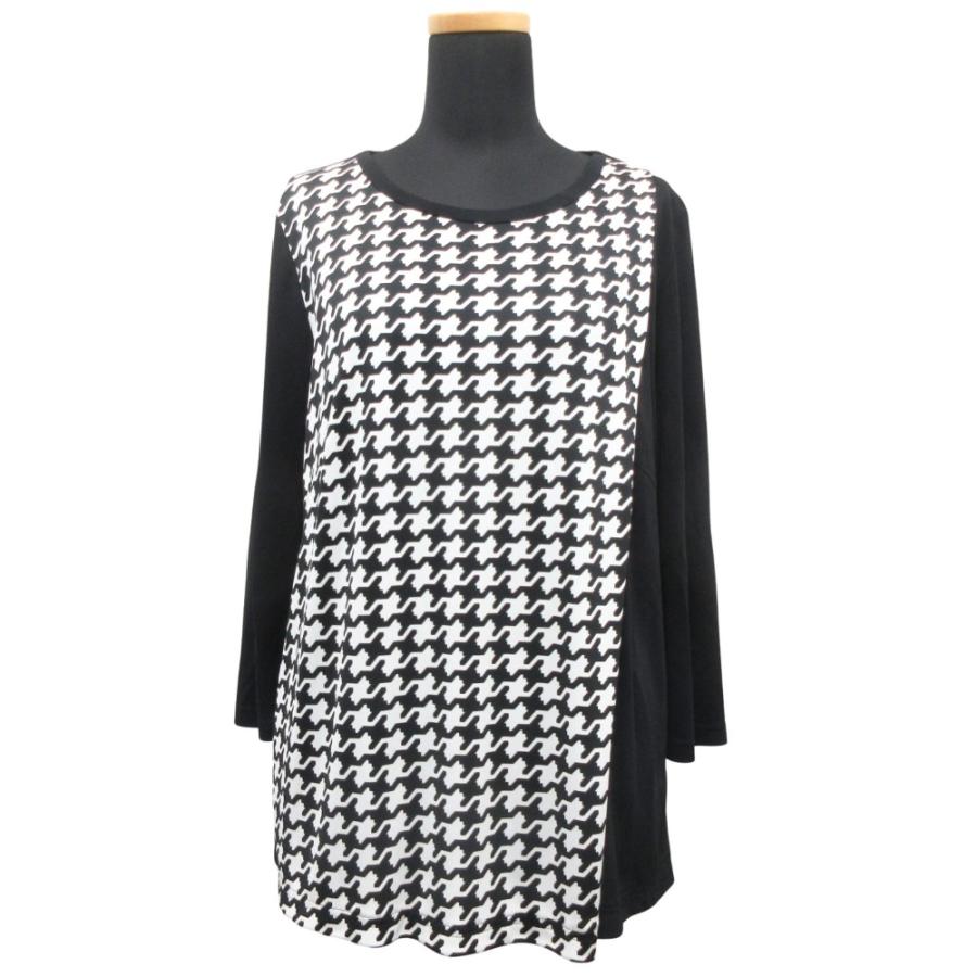 美品 Pierre Cardin ピエールカルダン 千鳥格子 ブラウス シャツ カットソー 長袖 クルーネック 大きいサイズ 44 黒 白 レディース 古着 中古 | pierre cardin