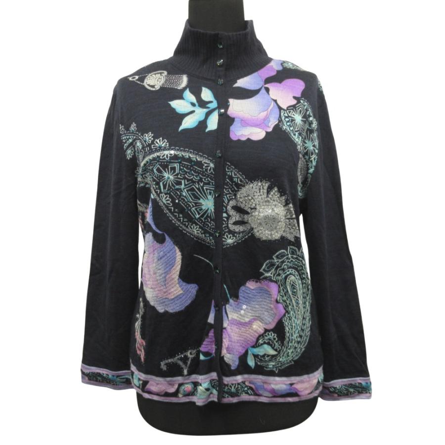 美品 LEONARD レオナール ニット ハイネック シャツ セーター カットソー ウール シルク ビジュー スパンコール 花柄 LL ネイビー レディース 古着 中古 | LEONARD
