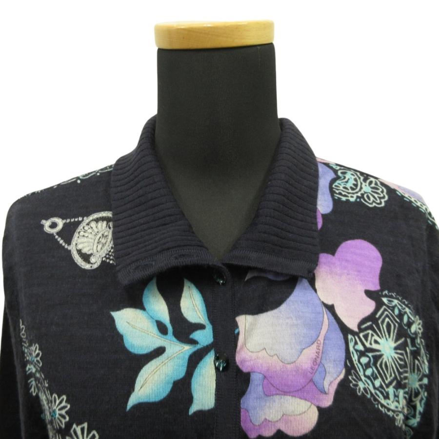 美品 LEONARD レオナール ニット ハイネック シャツ セーター カットソー ウール シルク ビジュー スパンコール 花柄 LL ネイビー レディース 古着 中古 | LEONARD | 03