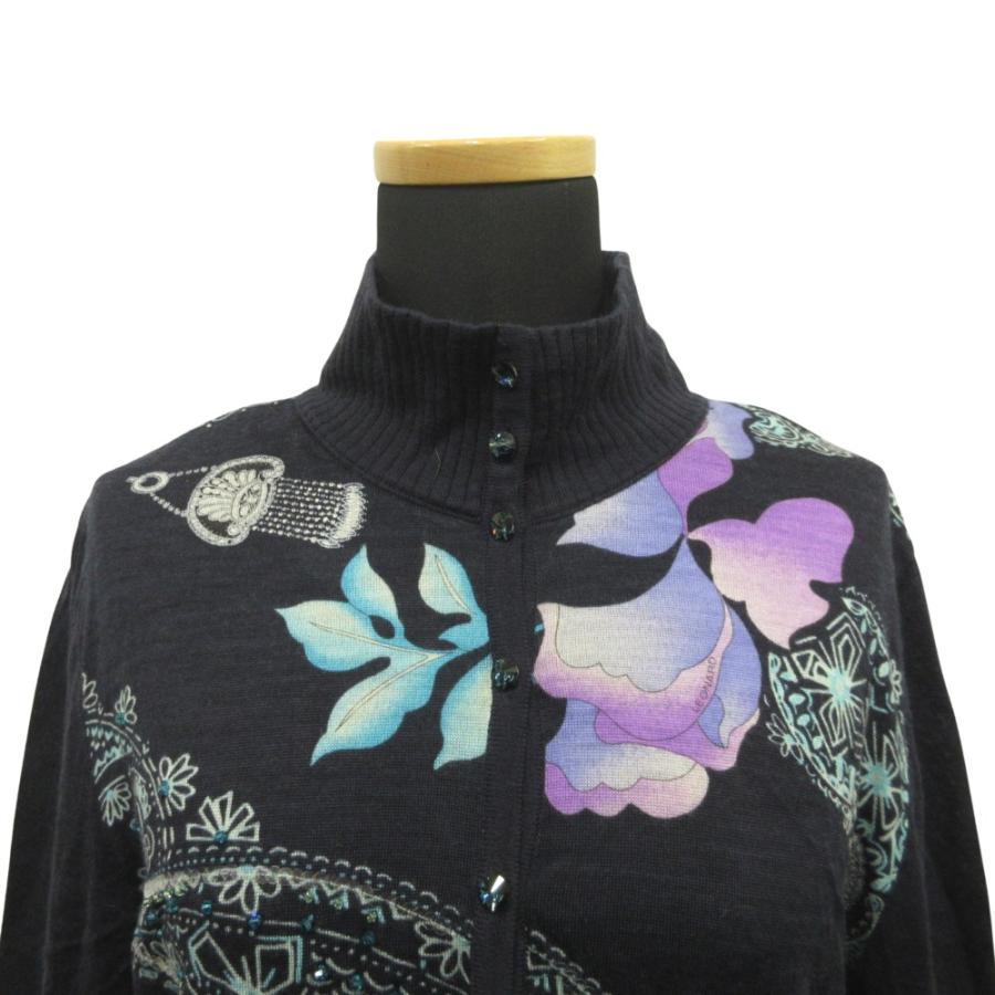 美品 LEONARD レオナール ニット ハイネック シャツ セーター カットソー ウール シルク ビジュー スパンコール 花柄 LL ネイビー レディース 古着 中古 | LEONARD | 04