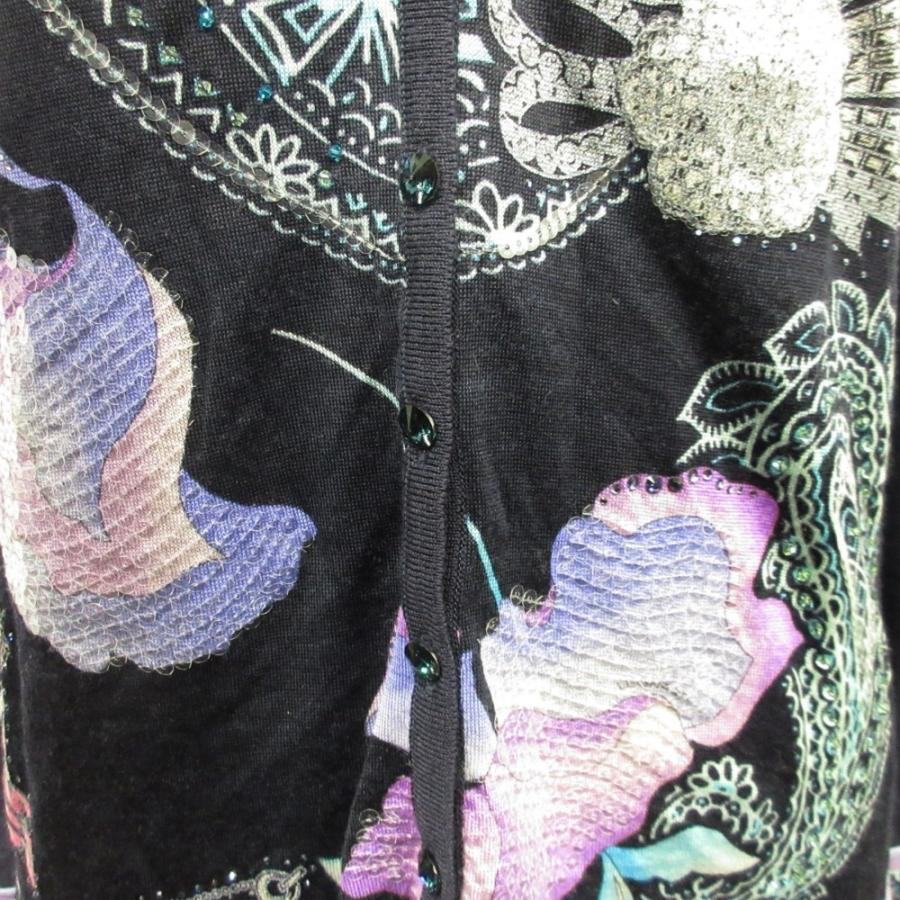 美品 LEONARD レオナール ニット ハイネック シャツ セーター カットソー ウール シルク ビジュー スパンコール 花柄 LL ネイビー レディース 古着 中古 | LEONARD | 05