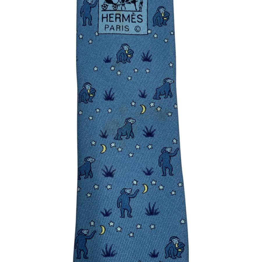 HERMES エルメス シルク ネクタイ ビジネス パーティ ヴィンテージ ビンテージ アニマル柄 サル プリント 青 ブルー メンズ 古着 中古 | HERMES | 06