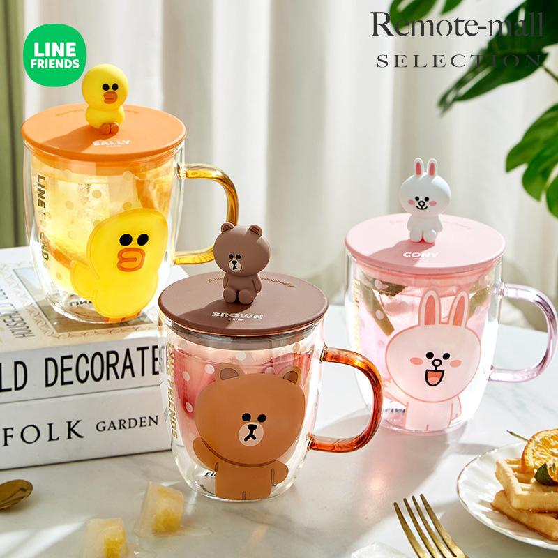 LINE FRIENDS マグカップ 耐熱ガラス 蓋付き 取手付き おしゃれ グラス