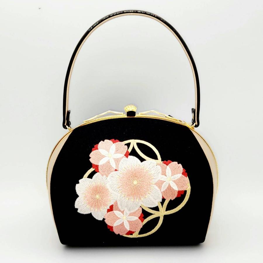 七宝桜刺繍バッグ 黒 日本製 成人式 卒業式 振袖 袴 着物 七宝桜刺繍バッグ 黒 日本製 成人式 卒業式 振袖 袴 着物