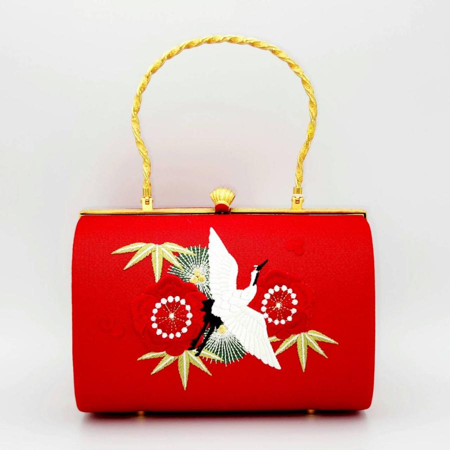 振袖用刺繍バッグ 鶴 松竹梅 レトロ 赤 成人式 卒業式 振袖 袴 着物