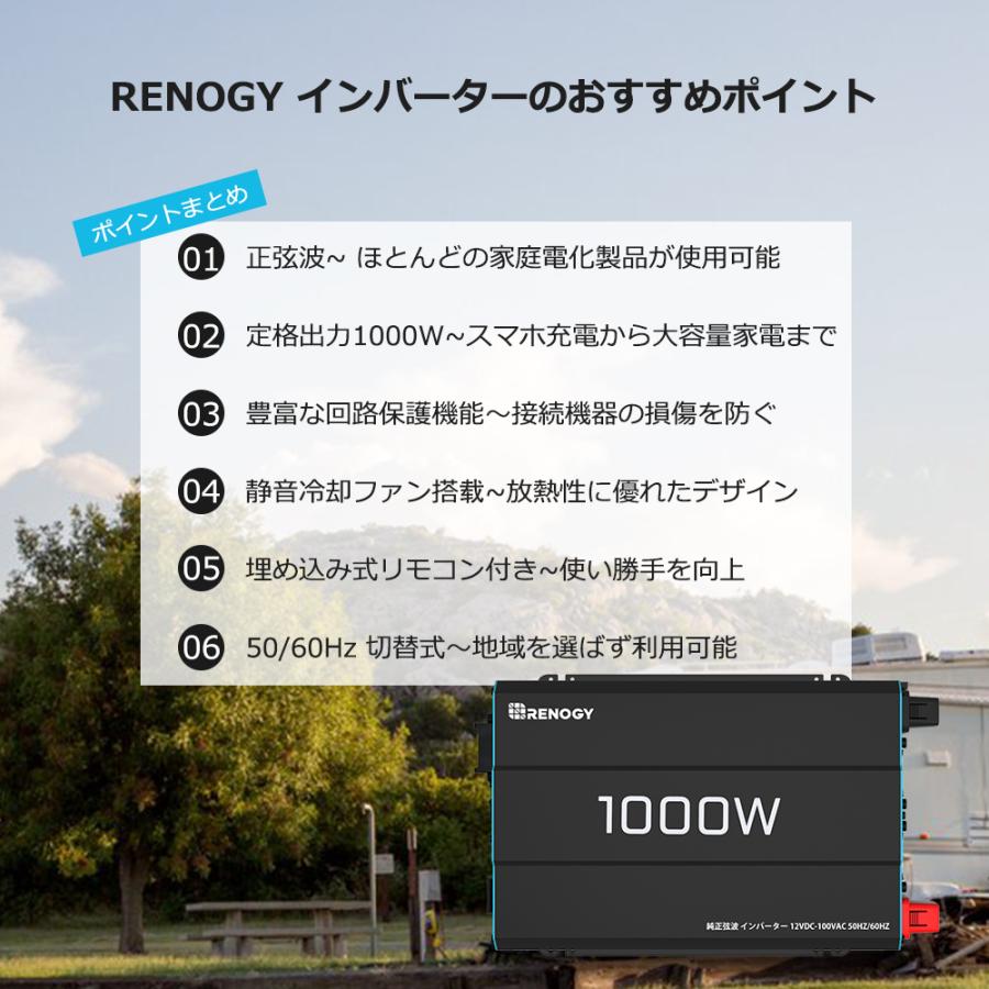 RENOGY　レノジー　インバーター 正弦波 12V 100V 1000W 最大2000W DC AC 50/60HZ切替  車中泊グッズ スマホ充電 アウトドア 緊急 アウトドア｜renogysolar-store｜03