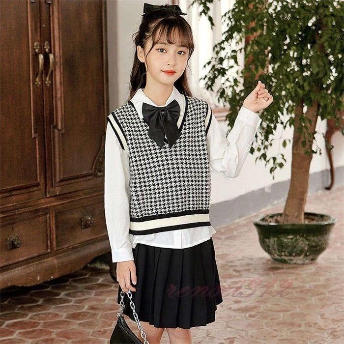 四点セット 子供服 女の子セットアップ ニットベスト シャツ プリーツ