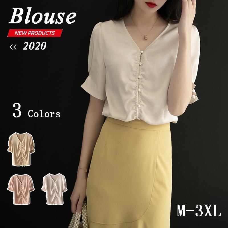 トップス 母の日 21 レディース ブラウス シャツ 半袖 フロントボタン 可愛い 柔らかい ベージュ イエロー ピンク ガーリー シフォン 半袖 C17 Cs02 がんばれちゃん 通販 Yahoo ショッピング
