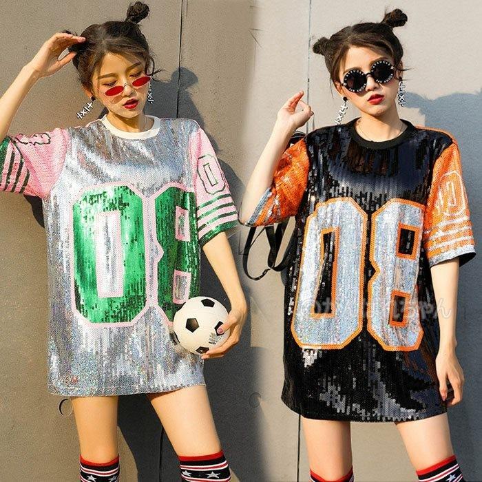 ダンス 衣装 レディース スパンコールワンピース Tシャツ トップス ロング丈 キラキラ ステージ衣装 コスチューム ダンスウェア チアダンス Y6 Stage369 がんばれちゃん 通販 Yahoo ショッピング