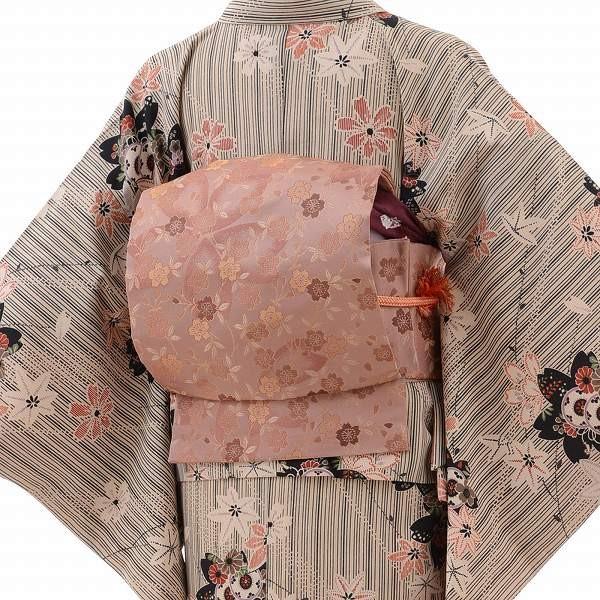 着物 レンタル セット XL ワンタッチ 簡単 ベージュ 縦縞 桜｜rental-kimono｜02
