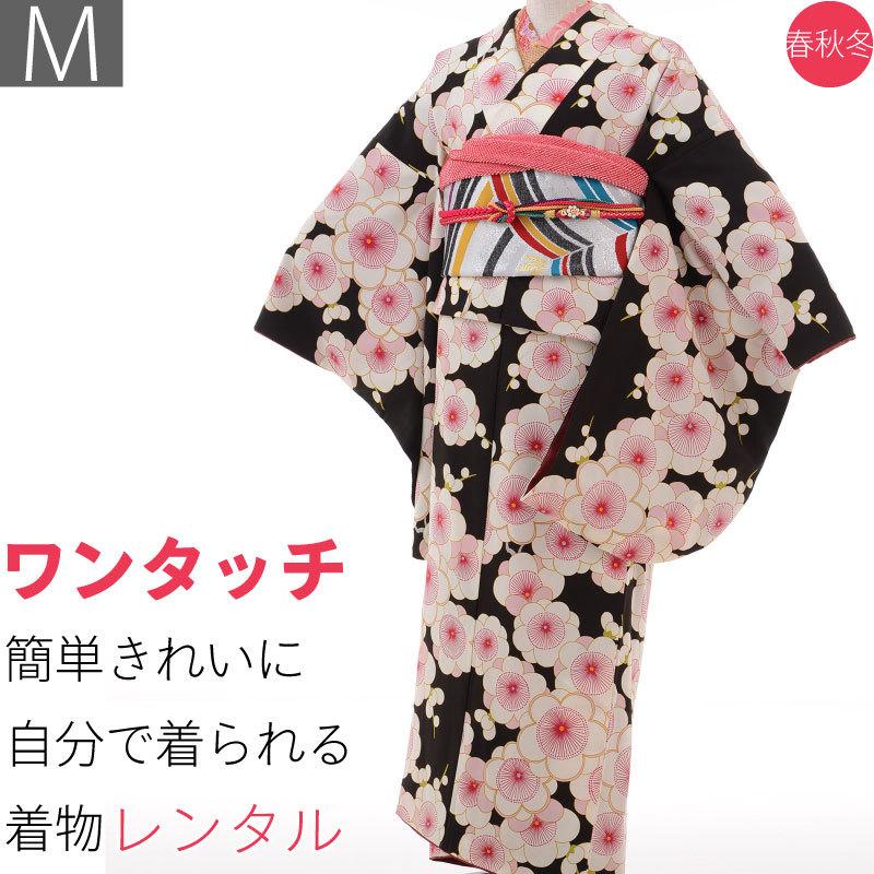 小振袖 レンタル Mサイズ 変わり結び袋帯セット 黒・梅文｜rental-kimono