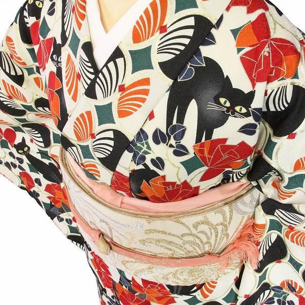 着物 レンタル M 白 ネコ柄/猫 ワンタッチ 簡単 和服 : レンタル着物