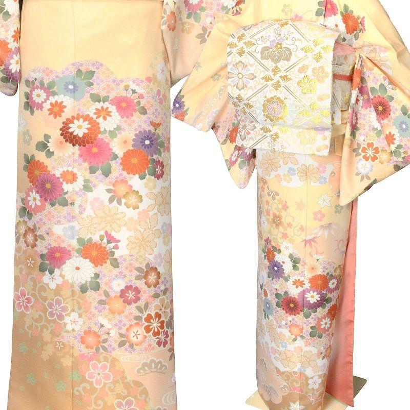 訪問着 レンタル M 黄色 菊と桜 ワンタッチ 簡単 着物 結婚式｜rental-kimono｜03
