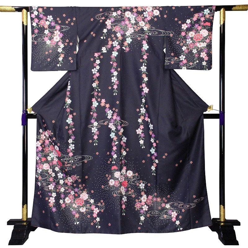 訪問着 レンタル S 黒 しだれ桜 ワンタッチ 簡単 着物 パーティー 着物