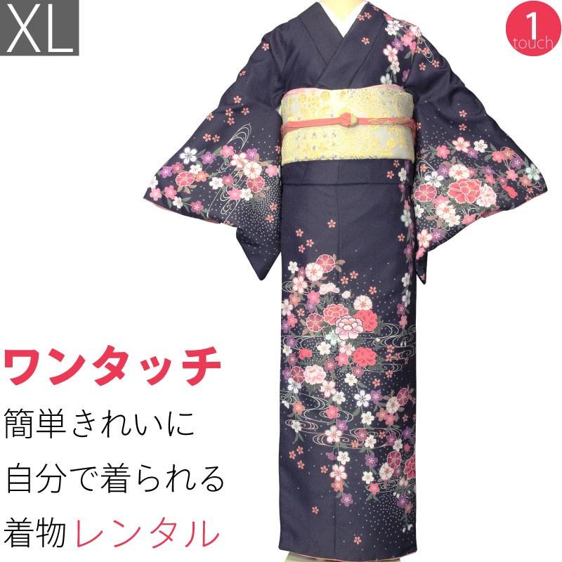 訪問着 レンタル XL 黒 しだれ桜 ワンタッチ 簡単 着物 パーティー｜rental-kimono