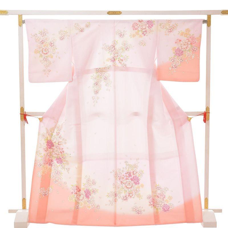 訪問着 レンタル M オレンジ バラと桜 ワンタッチ 簡単 着物 七五三