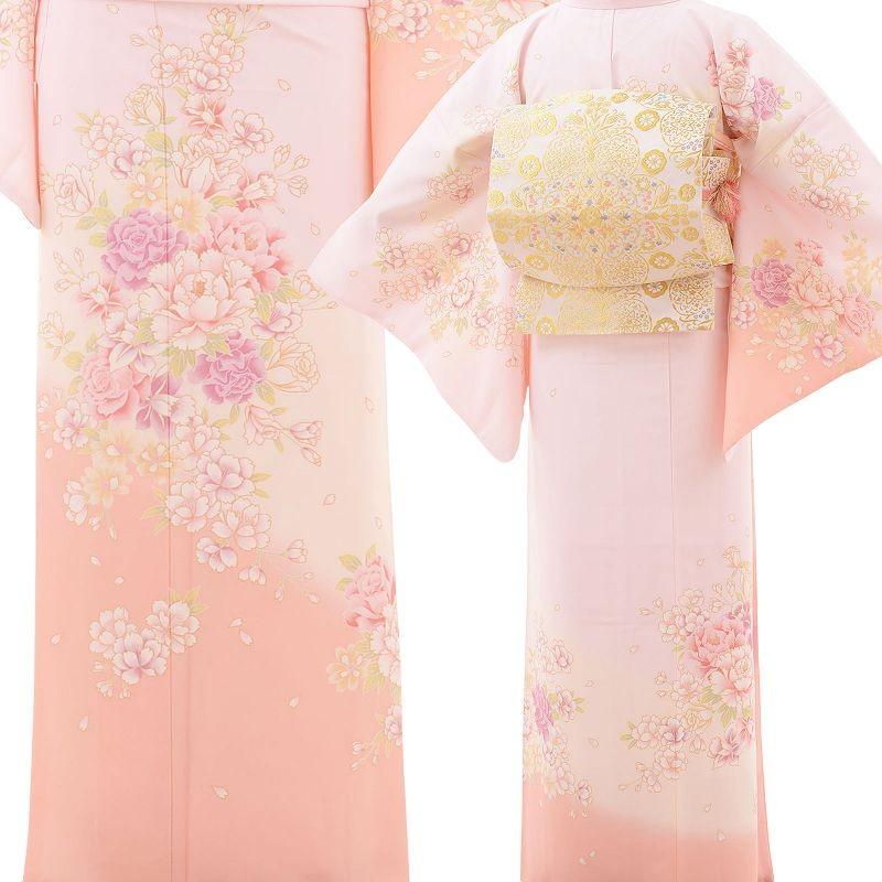 訪問着 レンタル M オレンジ バラと桜 ワンタッチ 簡単 着物 七五三