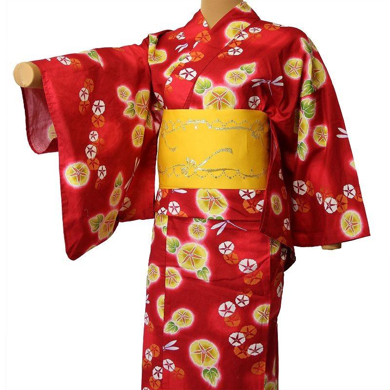 浴衣 レンタル セット XSサイズ レディース 赤 朝顔トンボ｜rental-kimono