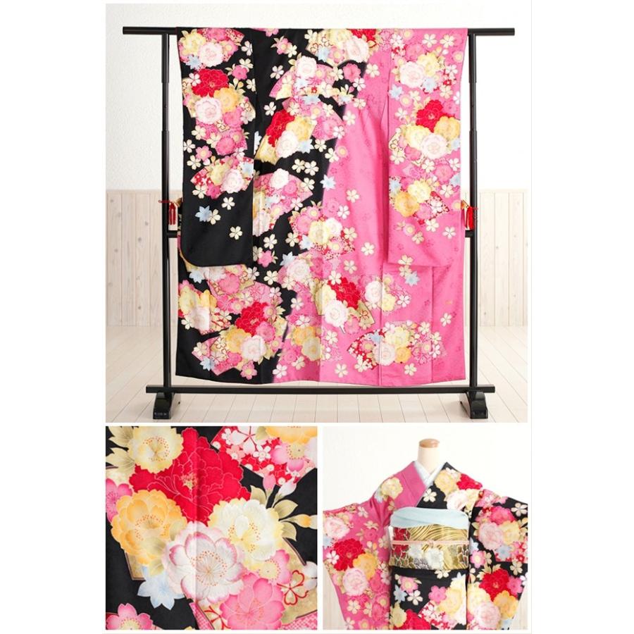 成人式 振袖レンタル 2026 １月 お正月 fb1050s 振り袖 着物レンタル 20歳 furisode レトロ 人気 モダン 「Kansai」ブランド　黒×ピンク_1