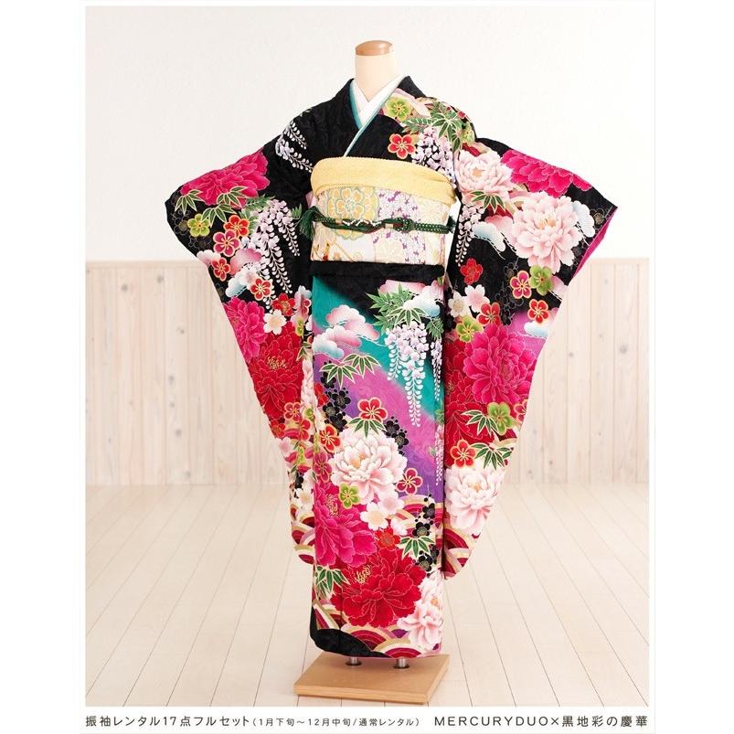 成人式 振袖レンタル 2026 １月 お正月 fb1083s 振り袖 着物レンタル 20歳 furisode レトロ 人気 モダン 豪華 MERCURYDUO 黒地彩の慶華