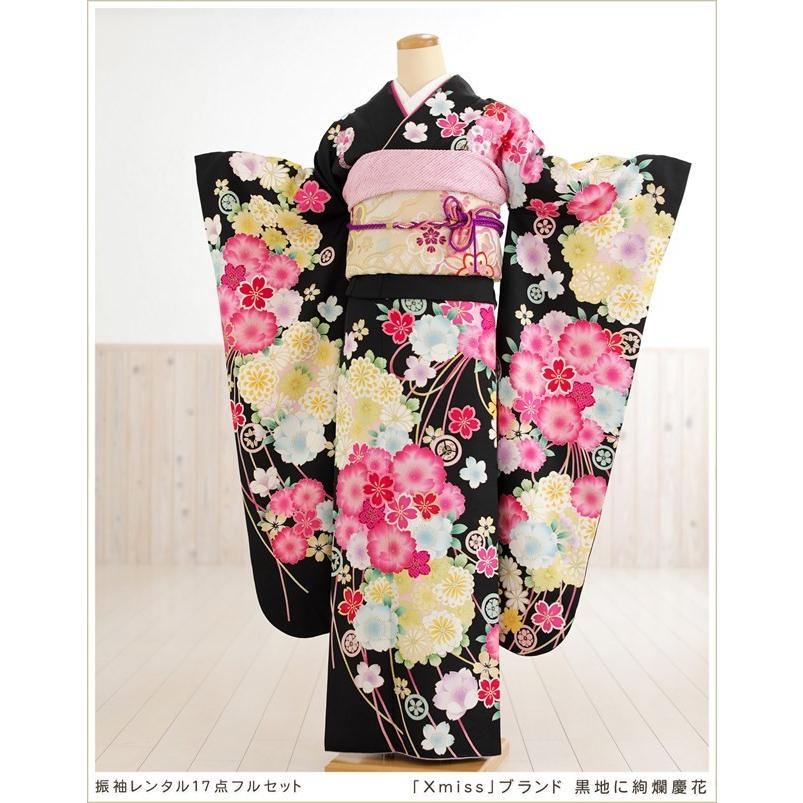 成人式 振袖レンタル 2026 １月 お正月 fb1230s 振り袖 着物レンタル 20歳 furisode レトロ モダン かわいい 人気 「Xmiss」ブランド 黒地に絢爛慶花