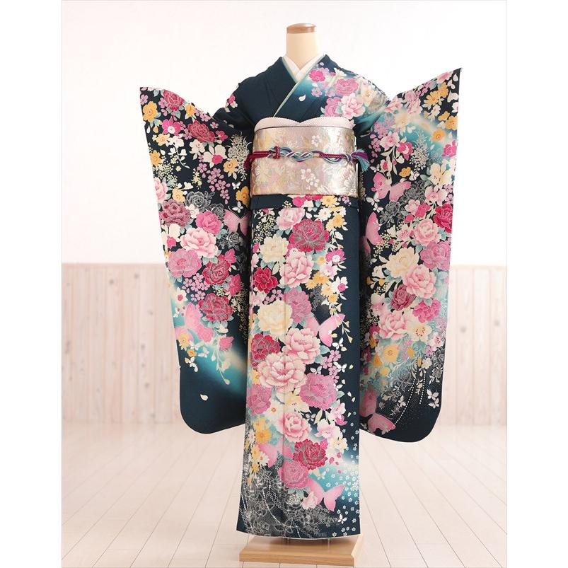 成人式に華やかできれいな振袖単品　濃緑に濃淡のピンク・黄色等美しい花の美品　正絹 成人式 振袖レンタル 1月 お正月 fb1407s 振り袖 着物レンタル 20歳