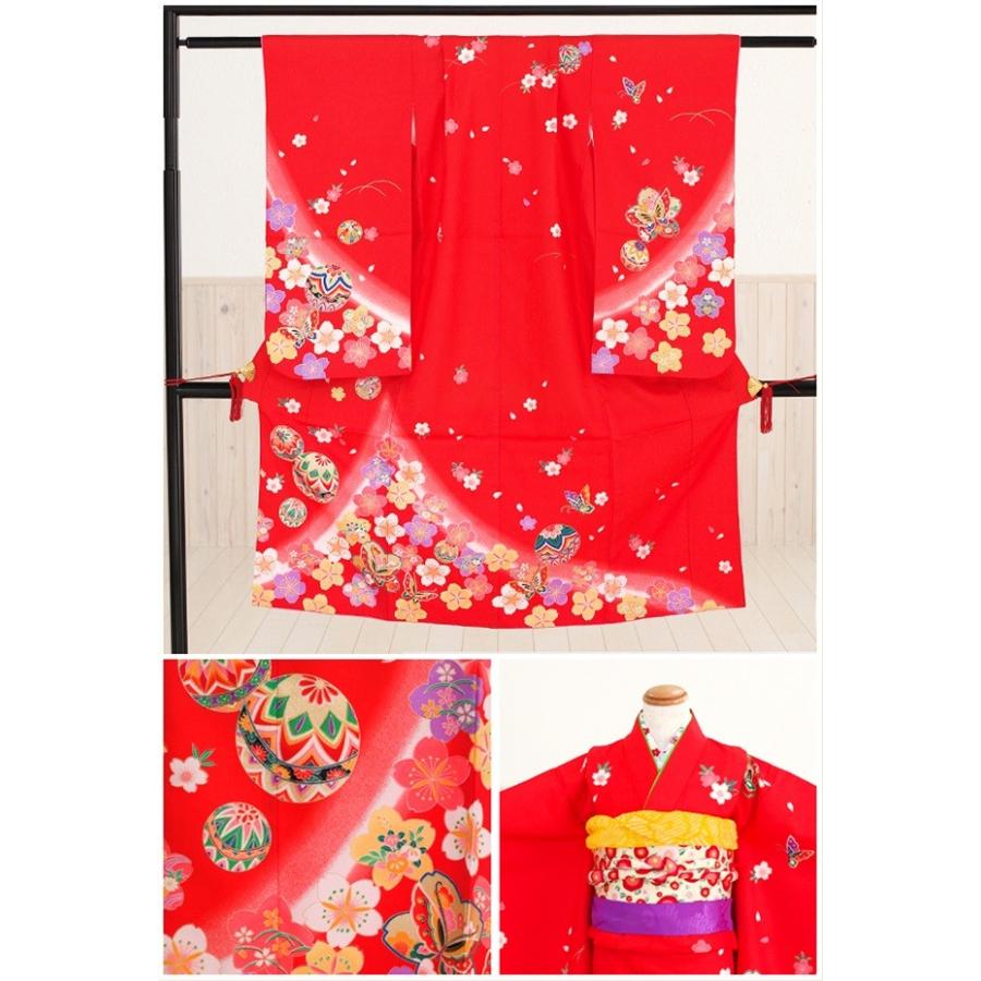 7歳 女の子 七五三レンタル 着物レンタル J7047 フルセット 753 かわいい お洒落 七草 モダン 人気 彩の赤に花蝶鞠 子供着物 レトロ
