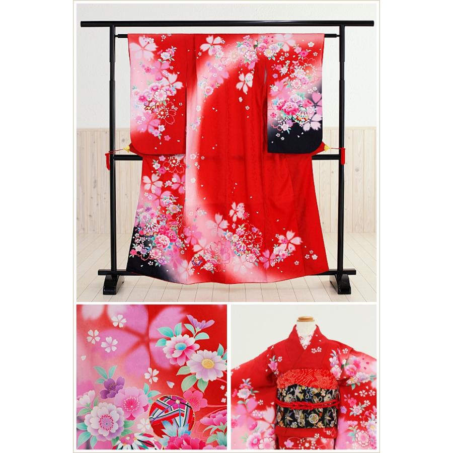 匿名配送 10歳〜13歳 女の子 着物レンタル jk003 子供振袖 子供着物 ジュニア振袖 [赤×ピンク桜ぼかし] 1/2成人式 発表会 十三参り 人気 フルセット 【1639597942】(9620円)