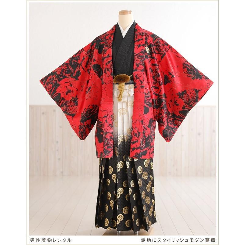 成人式 メンズファッション 男 袴レンタル Mo1s 紋付袴フルセット 男性着物 紋付袴フルセット 羽織袴 レンタル メンズ 正月 １月 人気 クール おしゃれ 赤地にスタイリッシュモダン薔薇 Mo1s 貸衣裳ぽえむ
