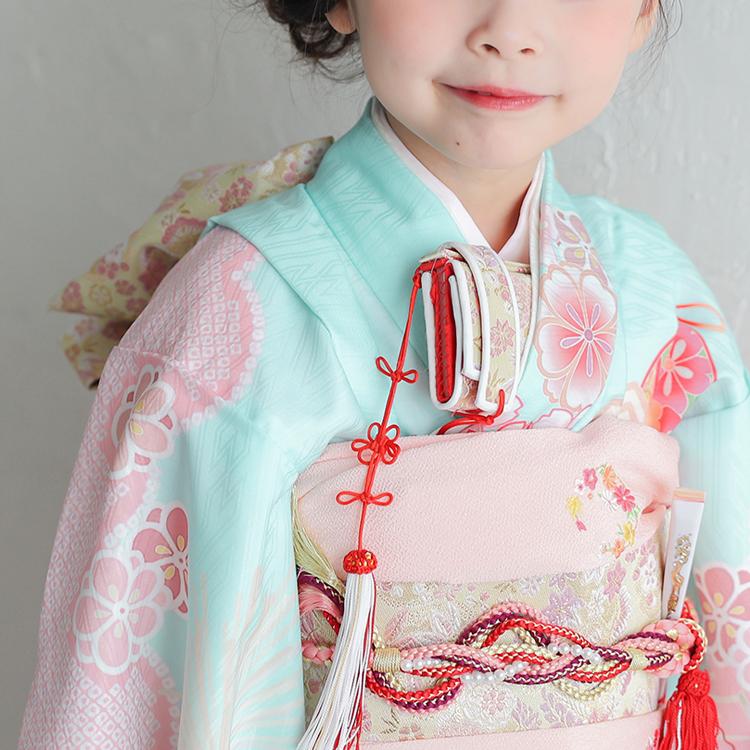 七五三 3歳〜7歳　子ども着物 緑 ピンク アンティーク　正絹 七五三 着物 7歳 女の子 レンタル 正統派 式部浪漫 パステルグリーン