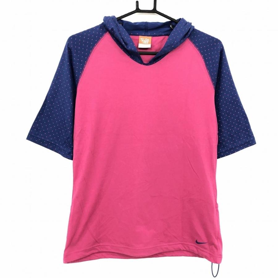 ナイキ フード付き半袖パーカーTシャツ ピンク×ネイビー 一部ドット柄