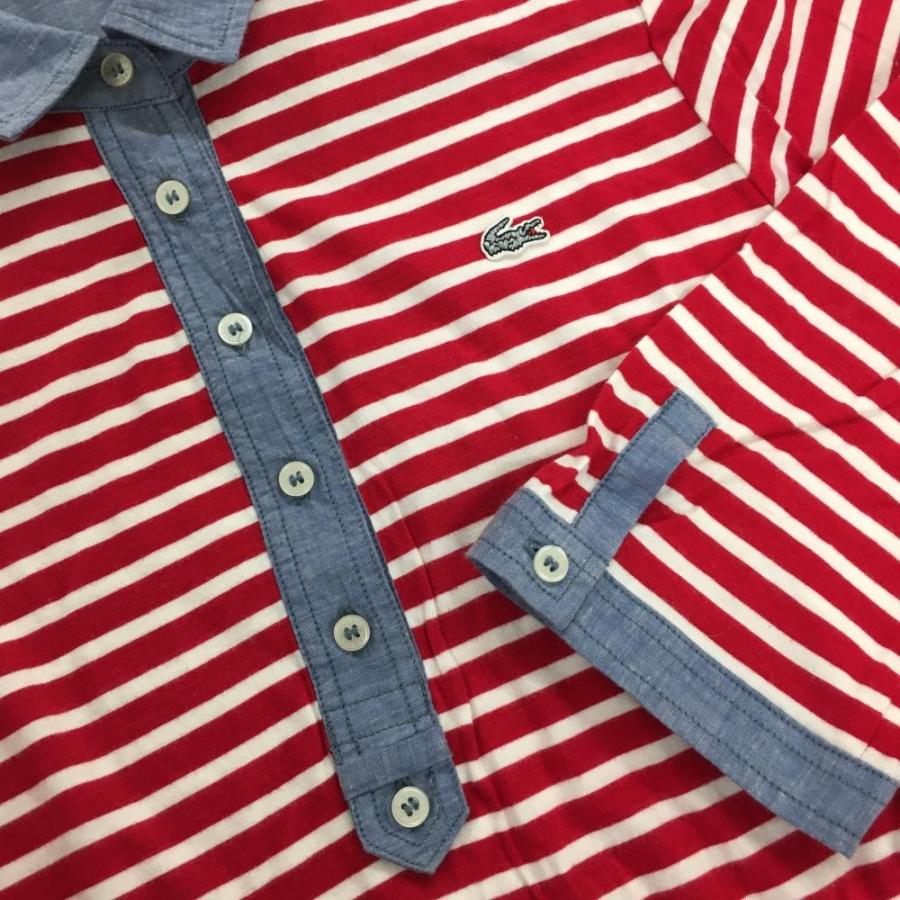 LACOSTE ラコステ 長袖ポロシャツ レッド×白 ボーダー 綿100