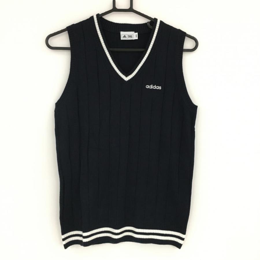 adidas アディダス ニットベスト ネイビー×白 前面ストライプ Vネック