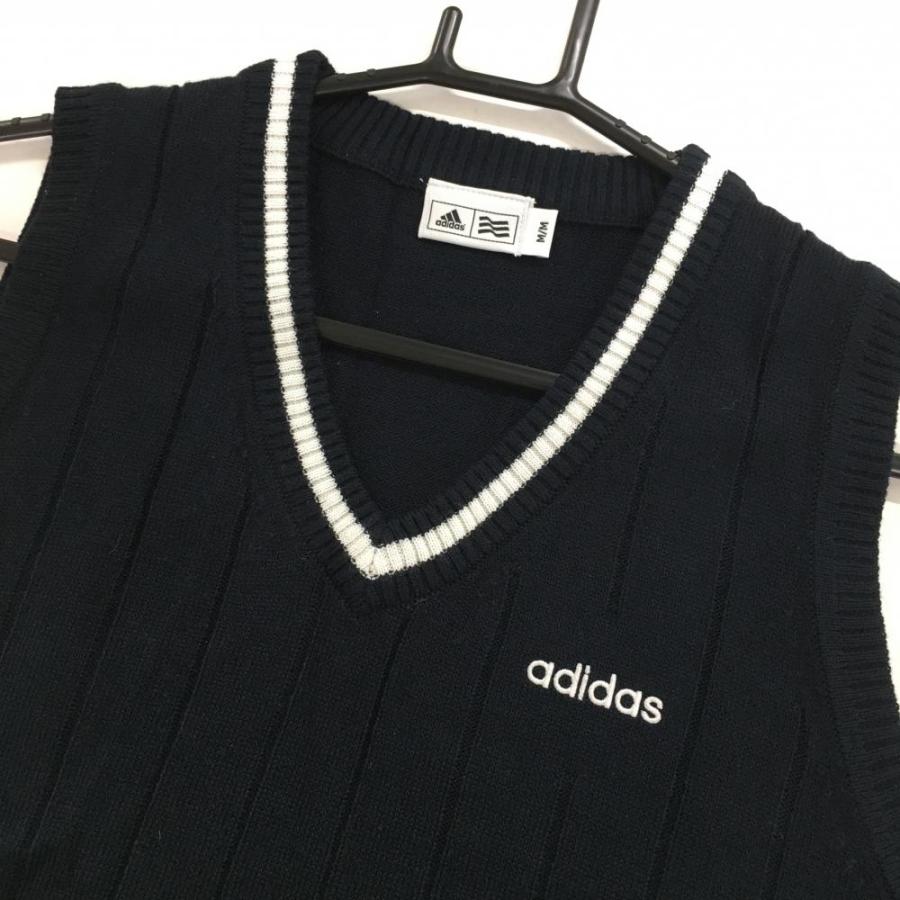 adidas レディース ベスト ホワイト/ネイビー adidas アディダス ニットベスト ネイビー×白 前面ストライプ V