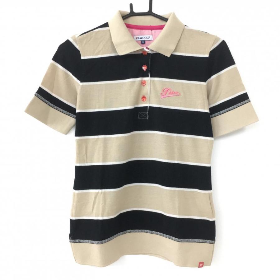 フィラゴルフ 半袖ポロシャツ 黒×ベージュ ボーダー 襟裏プリント 裾