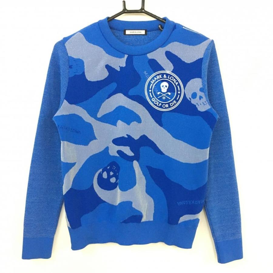 マークアンドロナ　ニットセーター　カモフラ　スカル　胸ロゴ　ブルー　ラメ糸　36 ☆10%OFF価格☆【美品】☆2020年☆MARK＆LONA マークアンドロナ 長袖