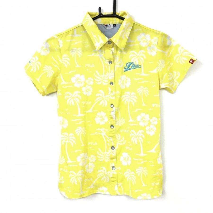 FILA GOLF レディース 半袖シャツ イエロー 花柄 フィラゴルフ 半袖ポロシャツ イエロー×白 花柄 総柄 スナップボタン