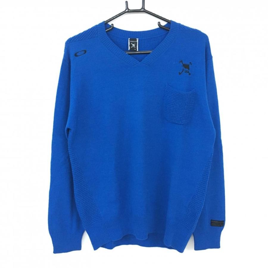 美品 Oakley オークリー 長袖ニットセーター 86%OFF ブルー 品揃え豊富で ウール混 後ろ凹凸編み ゴルフウェア メンズ 胸ポケット Vネック L スカル