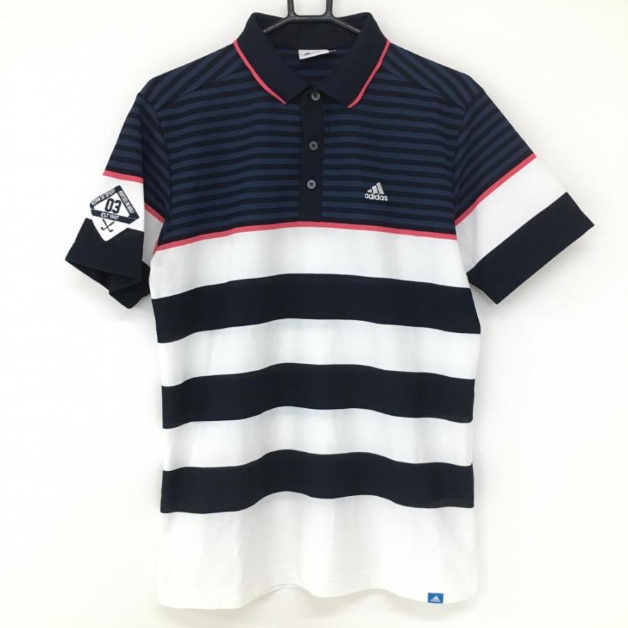 アディダス 半袖ポロシャツ ダークネイビー×白 ボーダー 総柄 袖  