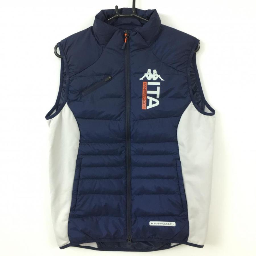 美品】Kappa カッパ ダウンベスト ネイビー×ライトブルー 異素材 ロゴ