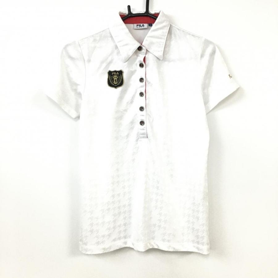 10 Off価格 美品 Fila Golf フィラゴルフ 半袖ポロシャツ ゴルフウェア 人気を誇る 白 レディース L ワッペン 千鳥格子柄織生地