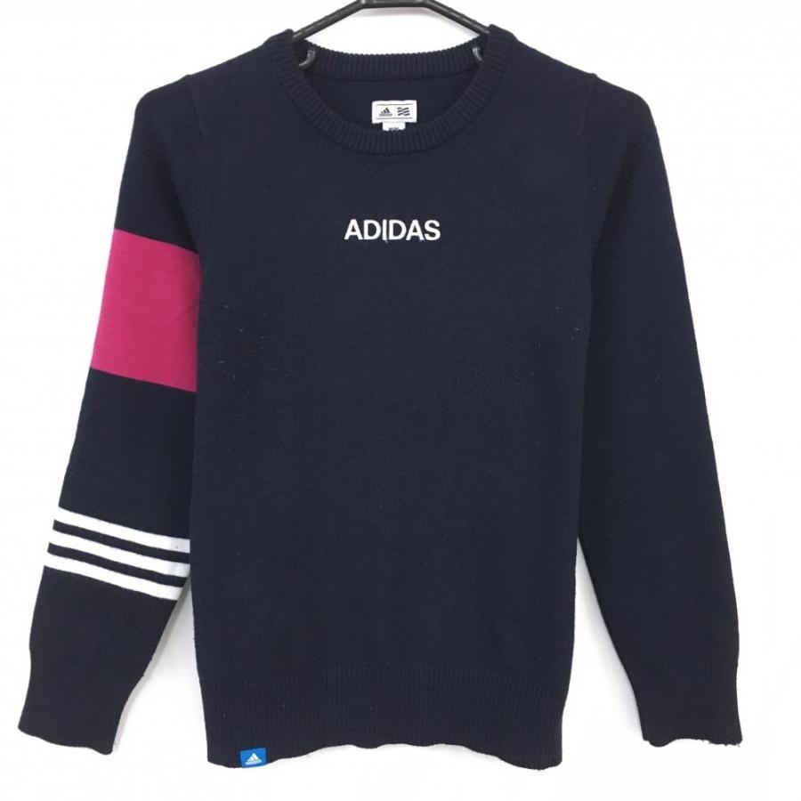 adidas アディダス セーター ネイビー×ピンク ロゴ刺しゅう 袖ライン